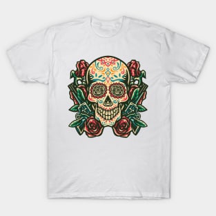 vintage sugar skull with gun rose T-Shirt